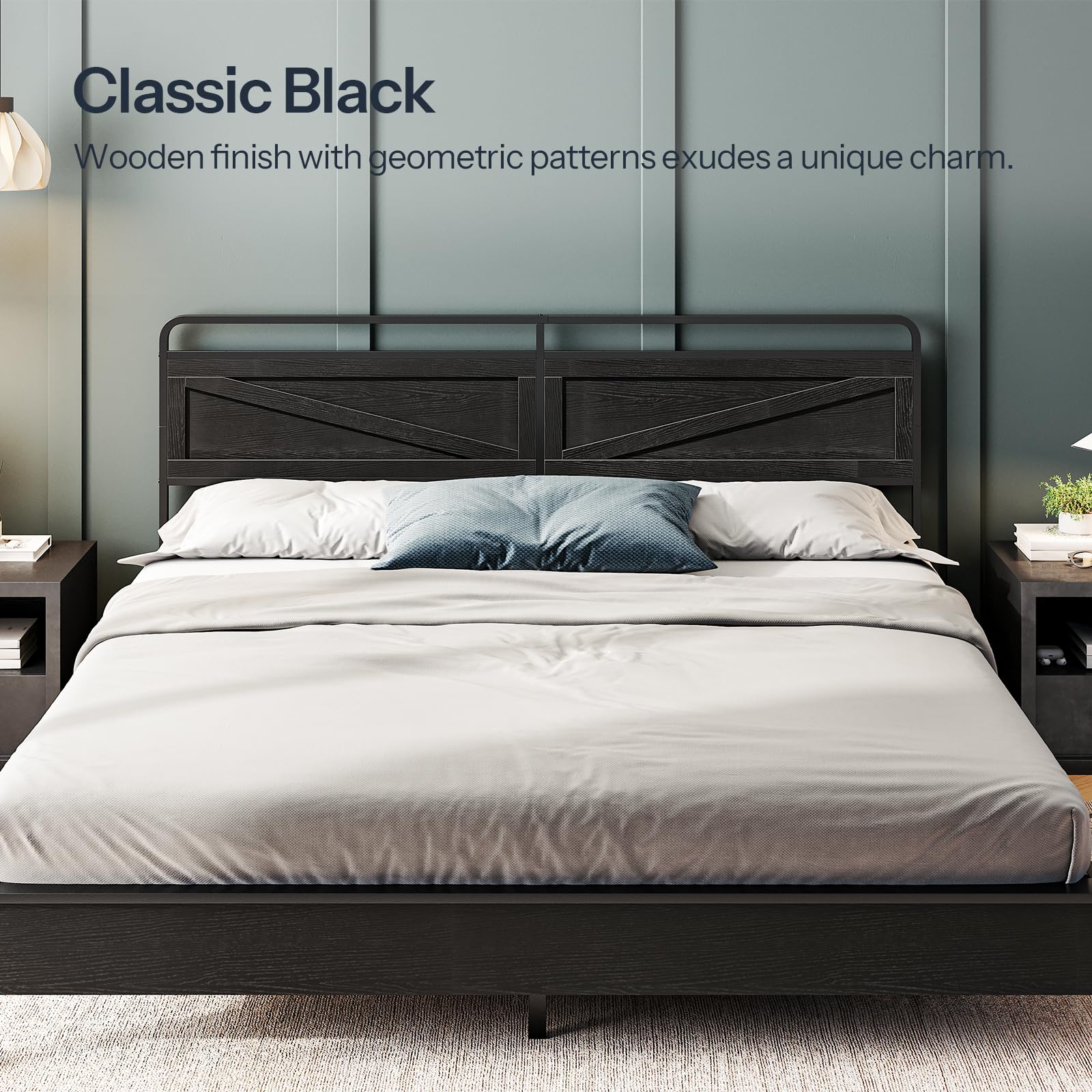 Dark wooden bed with geometric patterns against a gray wall.