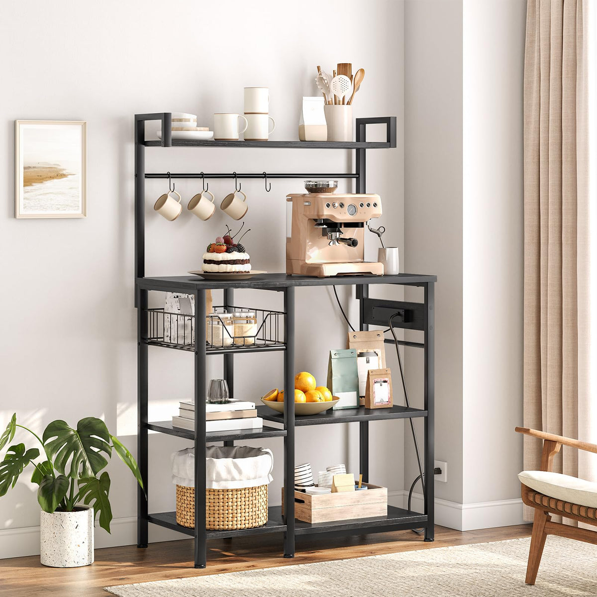 HOOBRO Bakers Rack with Power Outlet, 35.4 Inches Coffee Bar with Mesh Basket, Microwave Stand with 4 S-Shaped Hooks, Kitchen Bakers Rack with Storage, Easy to Assemble, Black BB05HB01