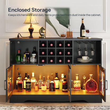 Open cabinet displaying various bottles and glasses with text about enclosed storage.