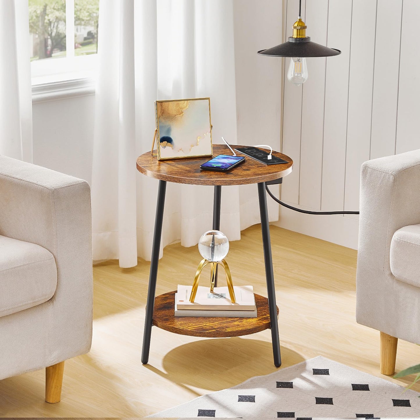 HOOBRO Retro Brown Double-Layer Round Side Table with Charging Station
