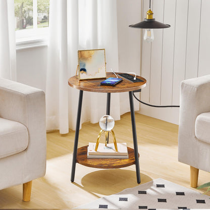 HOOBRO Retro Brown Double-Layer Round Side Table with Charging Station