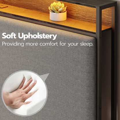 HOOBRO Full Metal Bed Frame with Storage Headboard & LED Lights