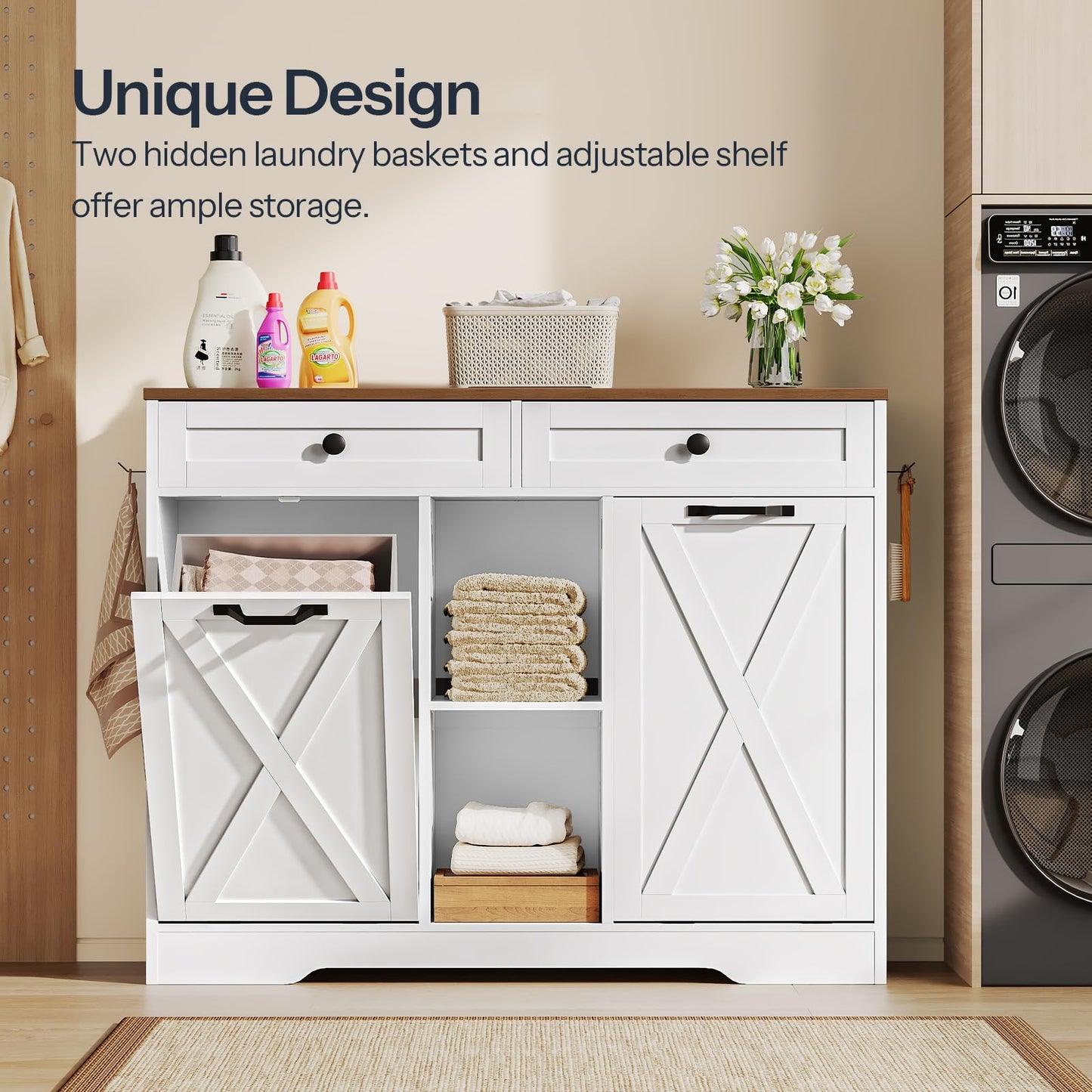 HOOBRO 23-Gallon Double Flip-Up External Laundry Hamper Cabinet