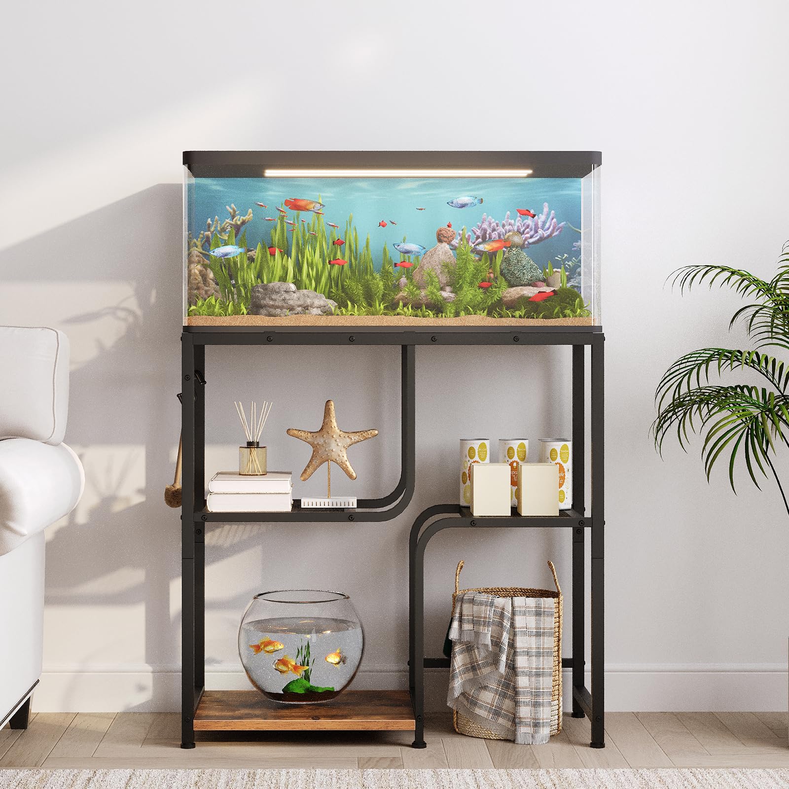 Fish tank on a stand with decorative items in a room setting