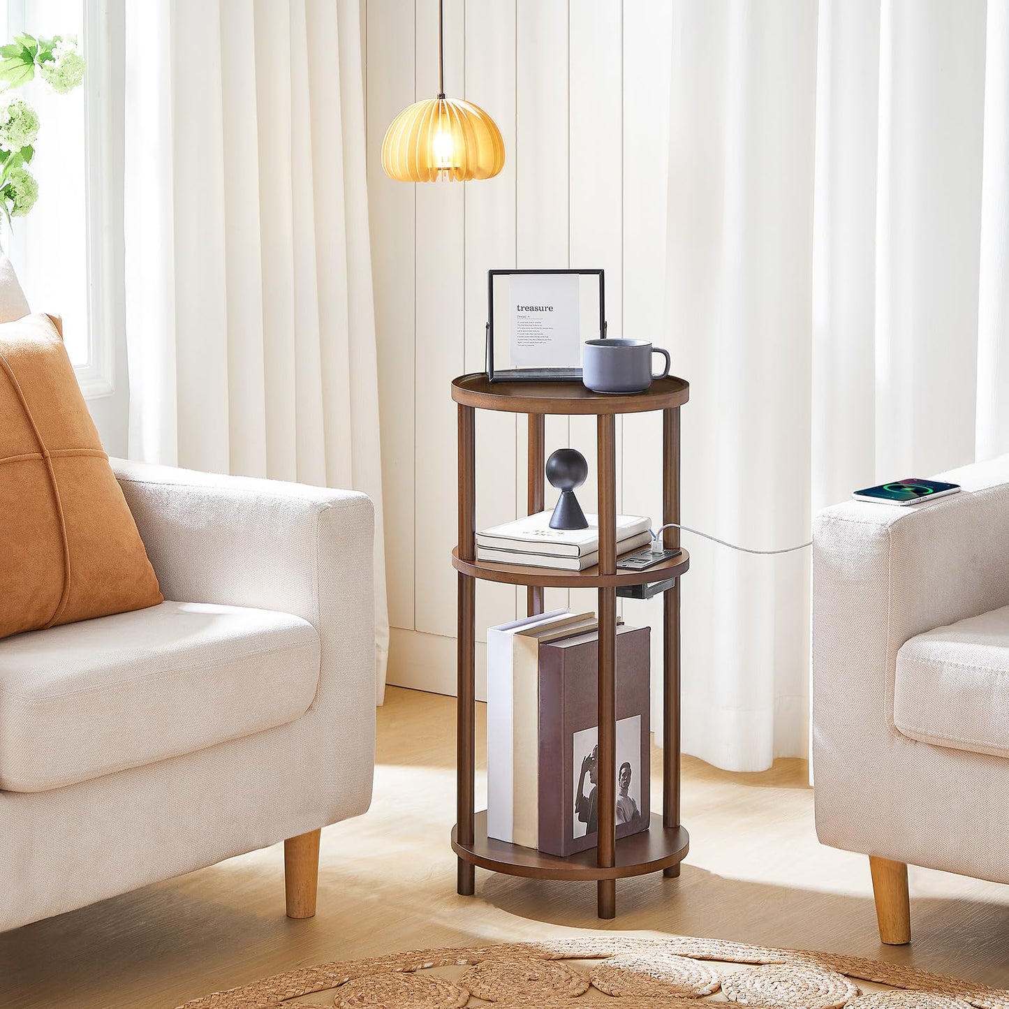 HOOBRO Mocha Three-Tier Small Round Side Table with USB Charging Port