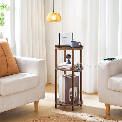 HOOBRO Mocha Three-Tier Small Round Side Table with USB Charging Port