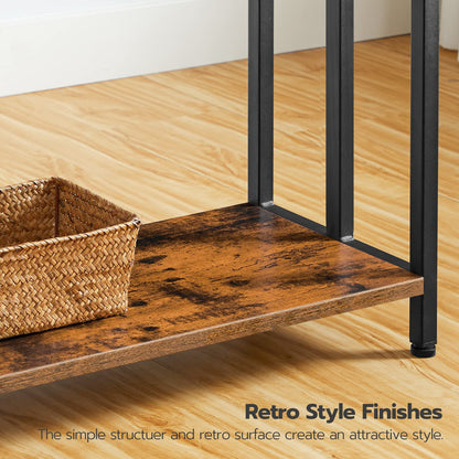 Wooden shelf with black metal frame on a wooden floor, featuring a wicker basket.