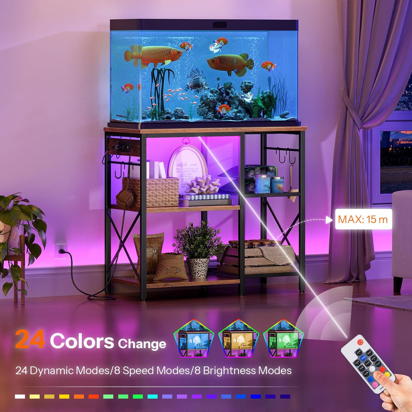 Fish tank with LED lighting system in a room setting, showing color change and remote control.