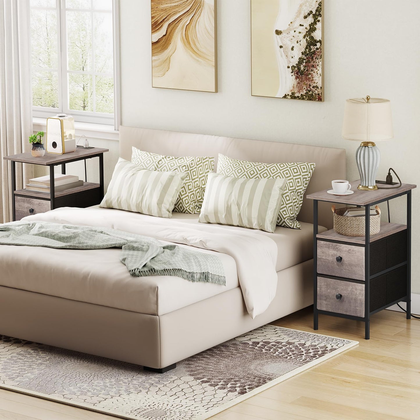 HOOBRO End Table with Charging Station, Narrow Side Table, Nightstand with 2 Non-Woven Drawers, Slim Sofa Side Table, for Small Spaces, Living Room, Bedroom, Greige and Black BG486UBZ01