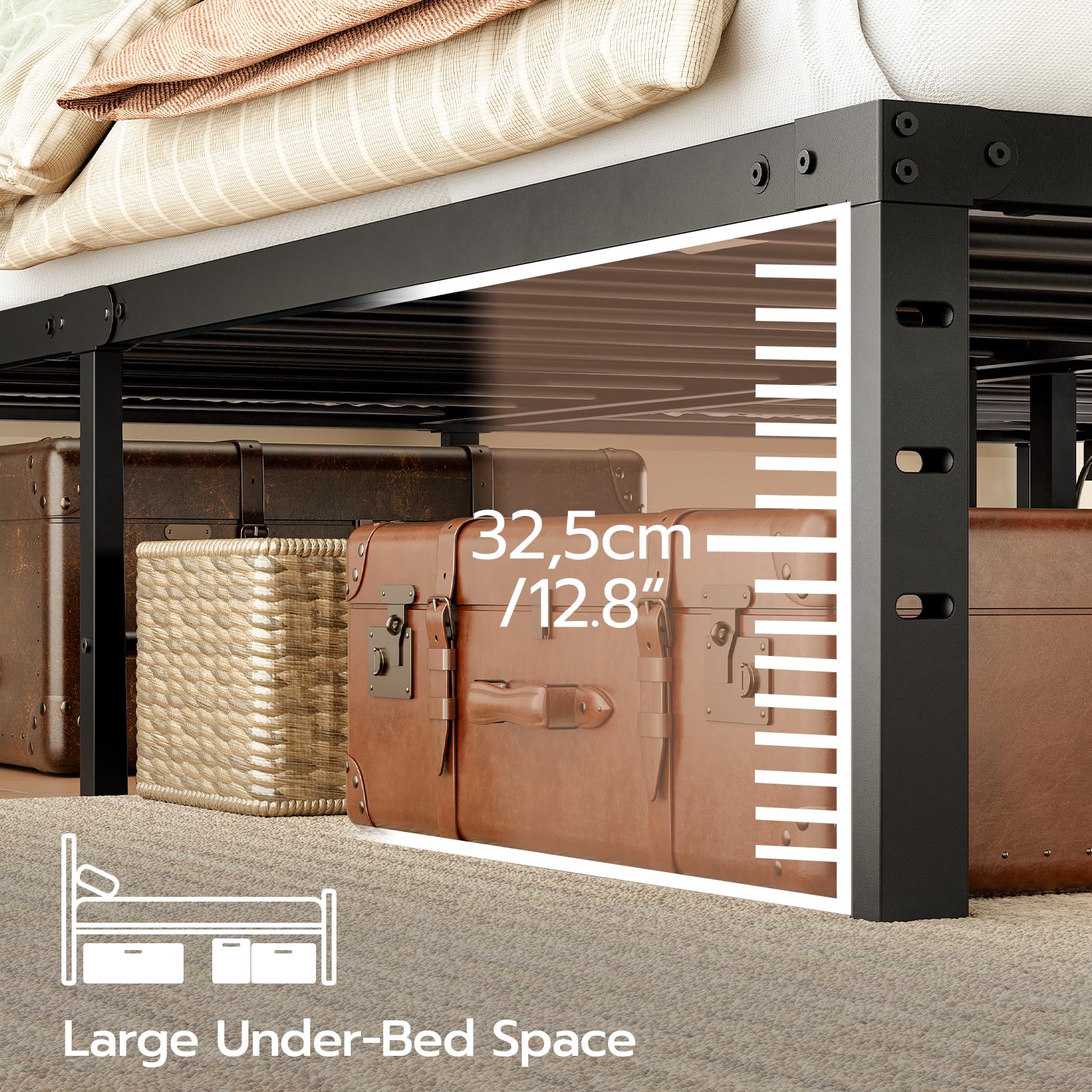 Metal bed frame with a large under-bed space, showing suitcases and storage baskets.
