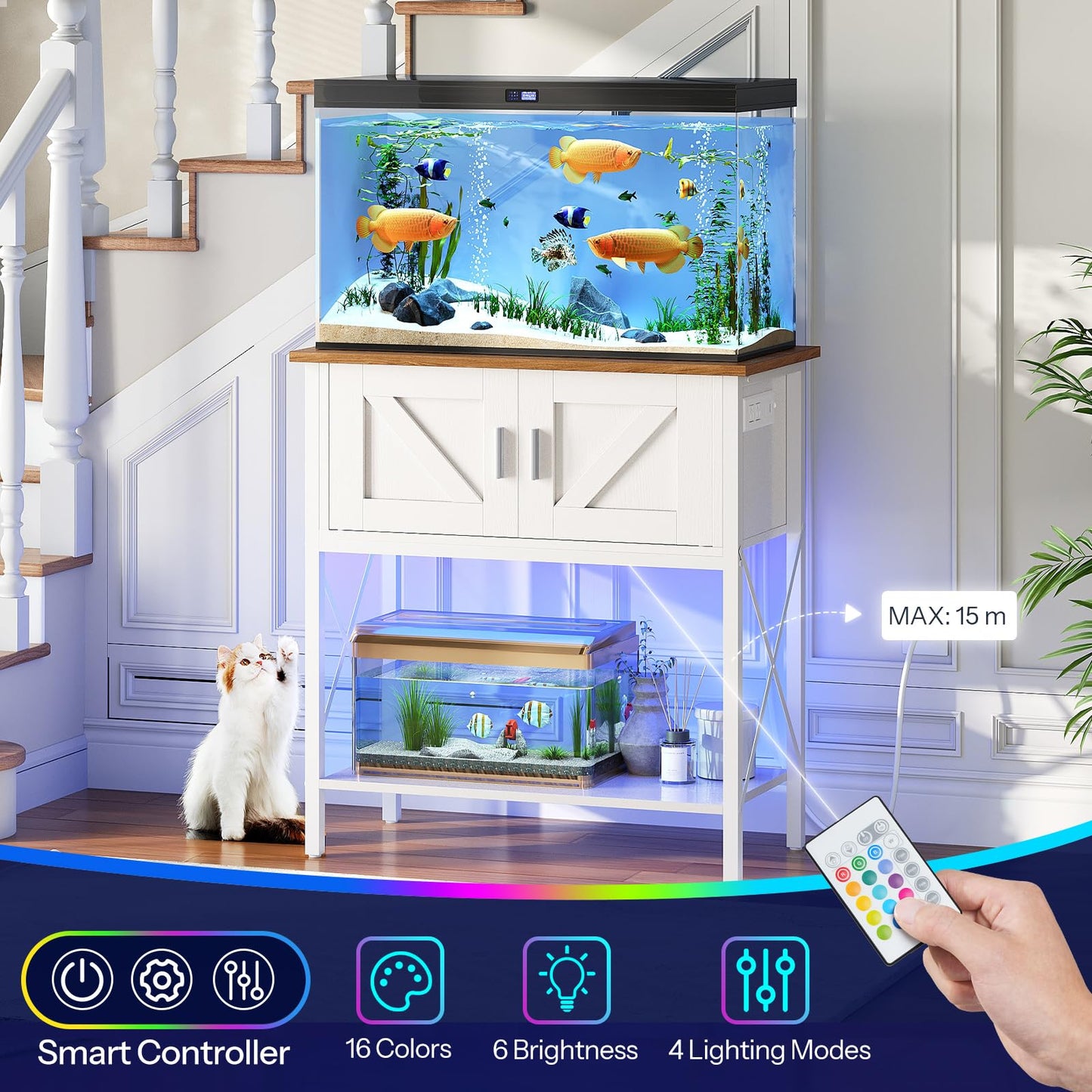 Fish tank with stand and remote control in a home setting