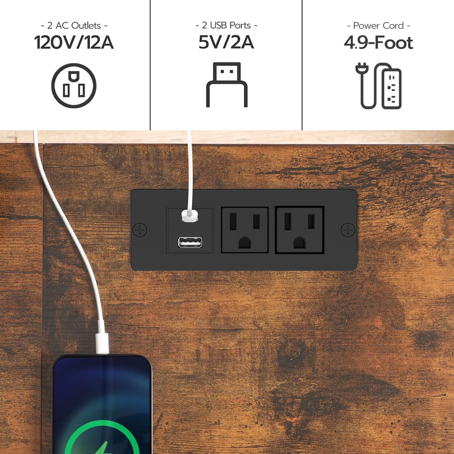 HOOBRO Brown Rectangular Pub Table with Charging Station