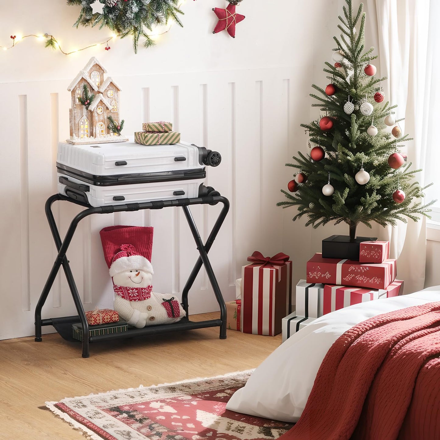 HOOBRO Black Folding Luggage Rack with Fabric Shelf