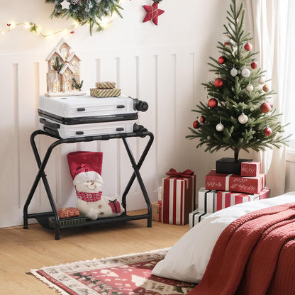 HOOBRO Black Folding Luggage Rack with Fabric Shelf