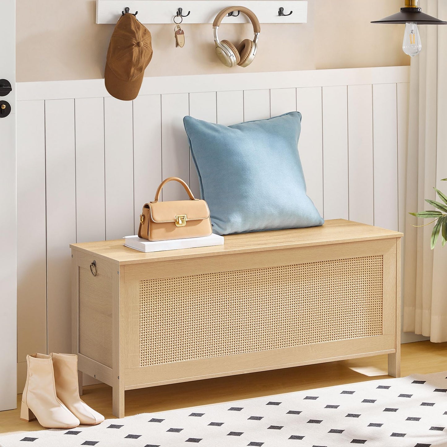 HOOBRO 39.4-inch Rattan Style Storage Bench with Faux Rattan Decoration