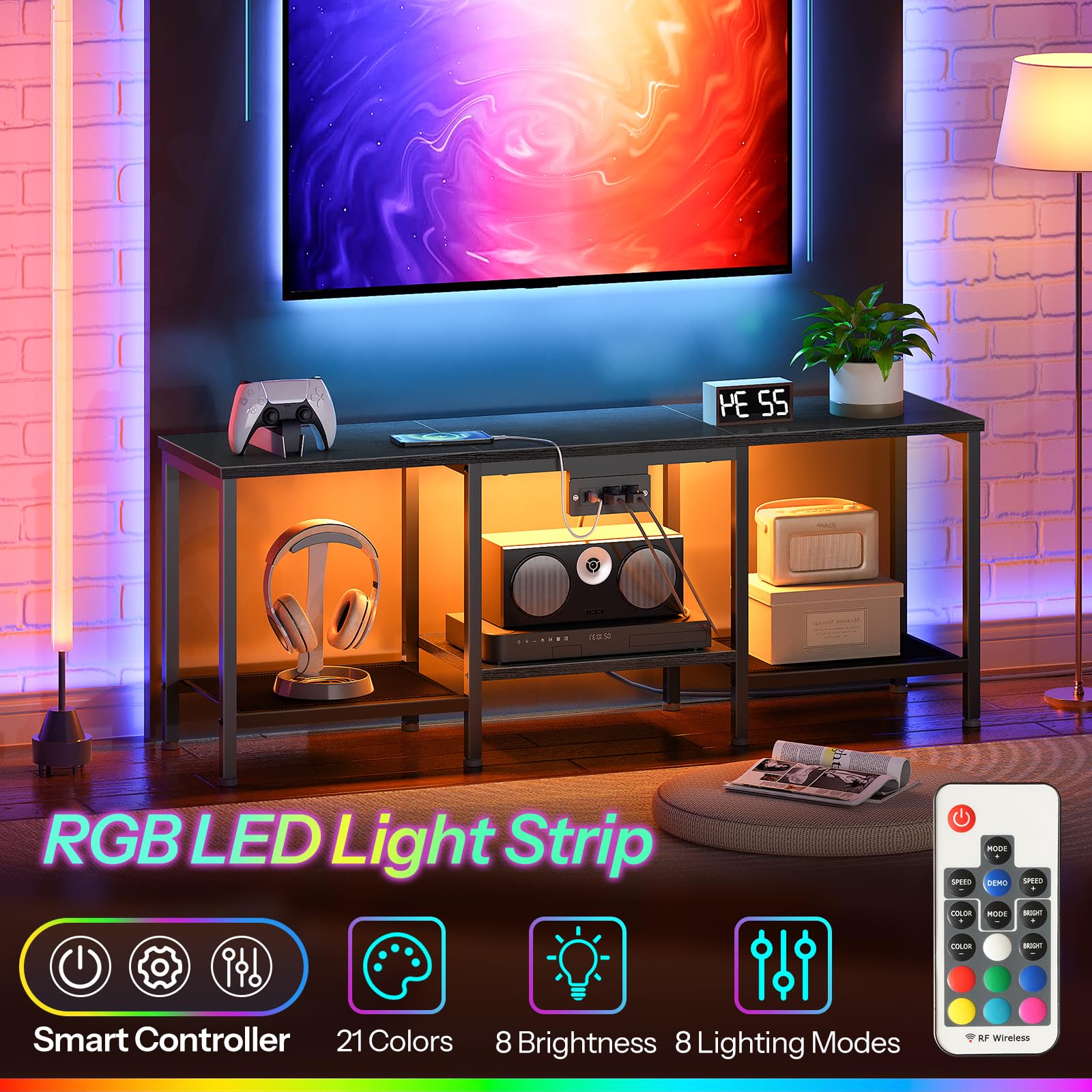 TV stand with RGB LED light strip, smart controller, and various electronic devices.