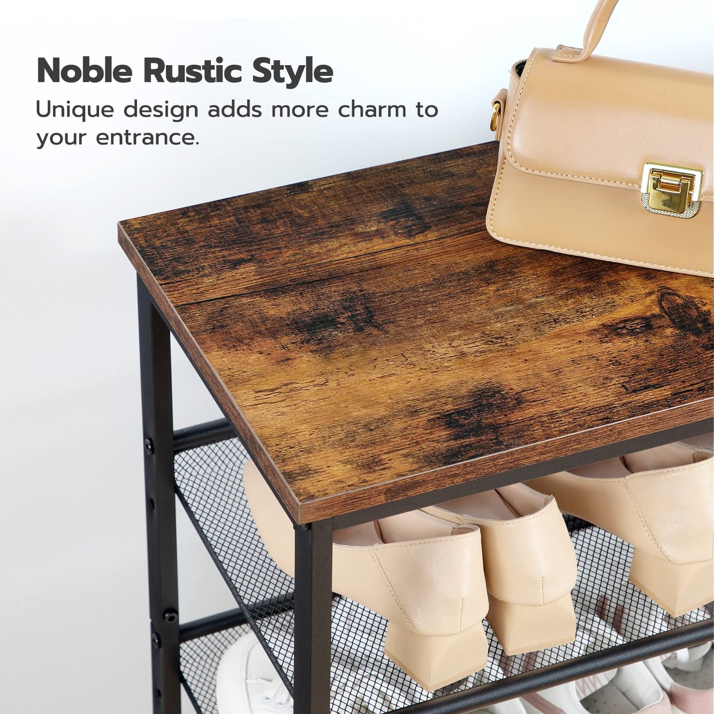 HOOBRO Brown Industrial 4-Tier Shoe Rack with Adjustable Mesh Shelves