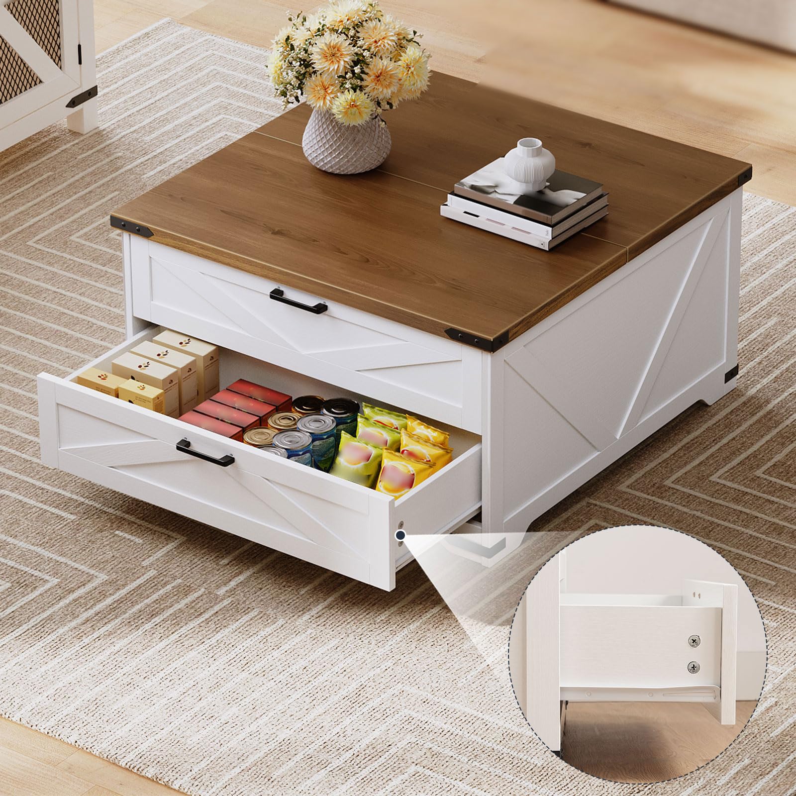 Wooden coffee table with open drawer displaying snacks, on a wooden floor.