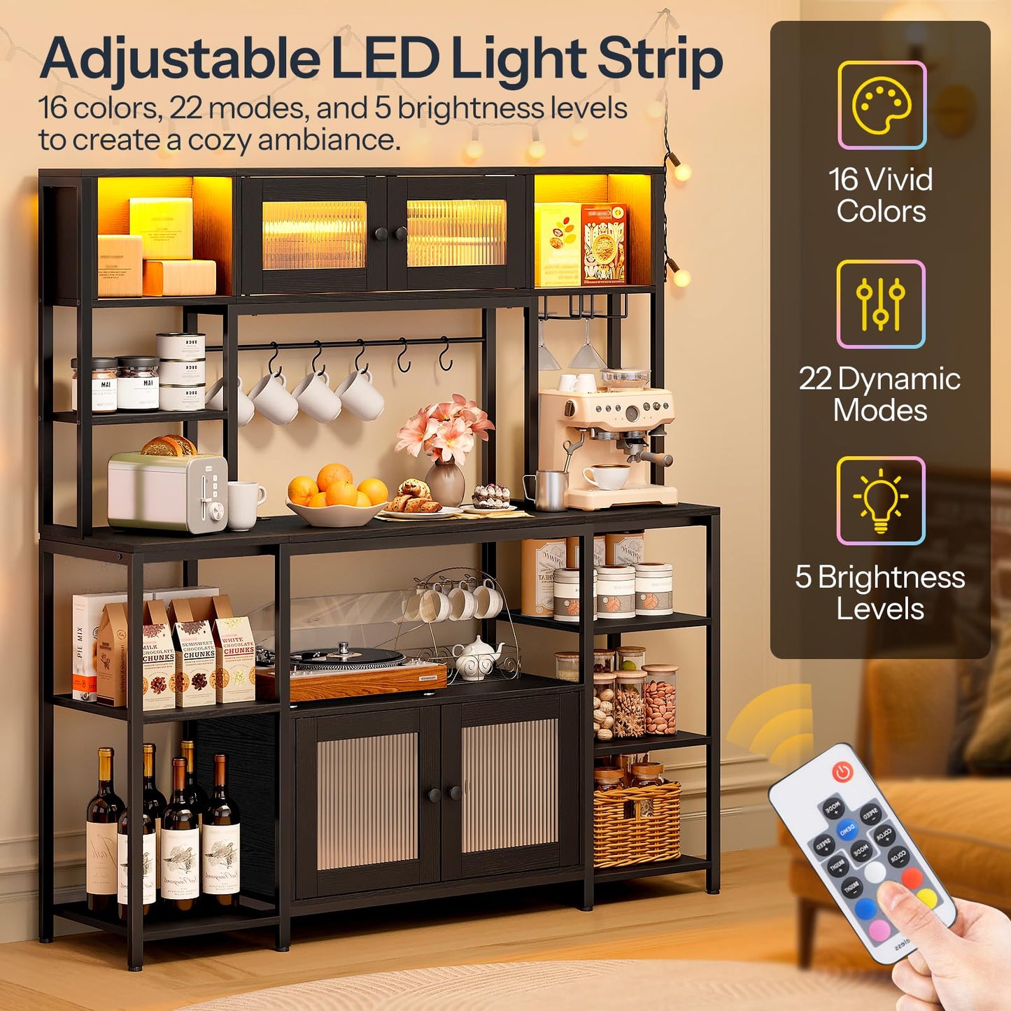 HOOBRO 59.1-inch Bakers Rack with Power Outlet and LED Light