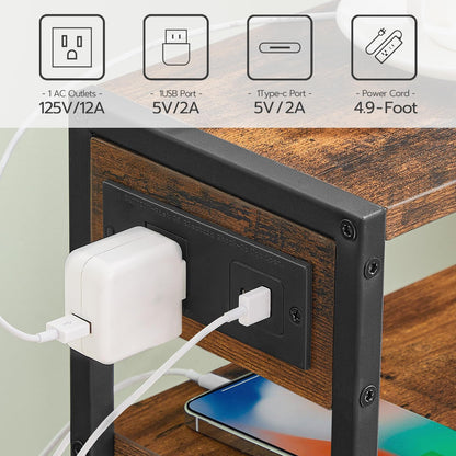 HOOBRO Small Narrow Side Table with Charging Station Set of 2, Skinny End Table for Small Spaces, Slim Nightstand with USB Ports Outlet, Sofa Beside Table with Storage Shelf BF102UBZP201