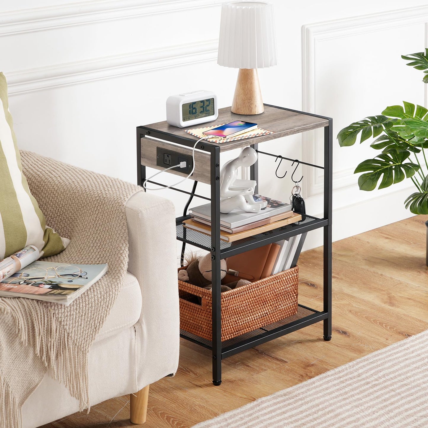 HOOBRO Greige Three-Tier Portable Industrial Printer Stand with Power Outlet & USB Port & 2 Hooks