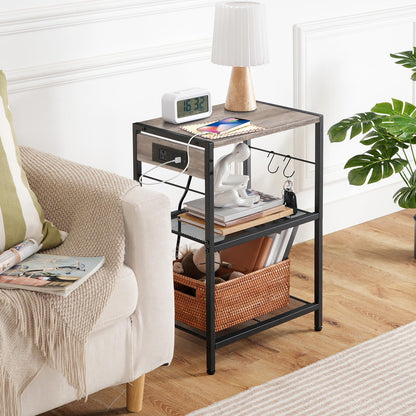 HOOBRO Greige Three-Tier Portable Industrial Printer Stand with Power Outlet & USB Port & 2 Hooks