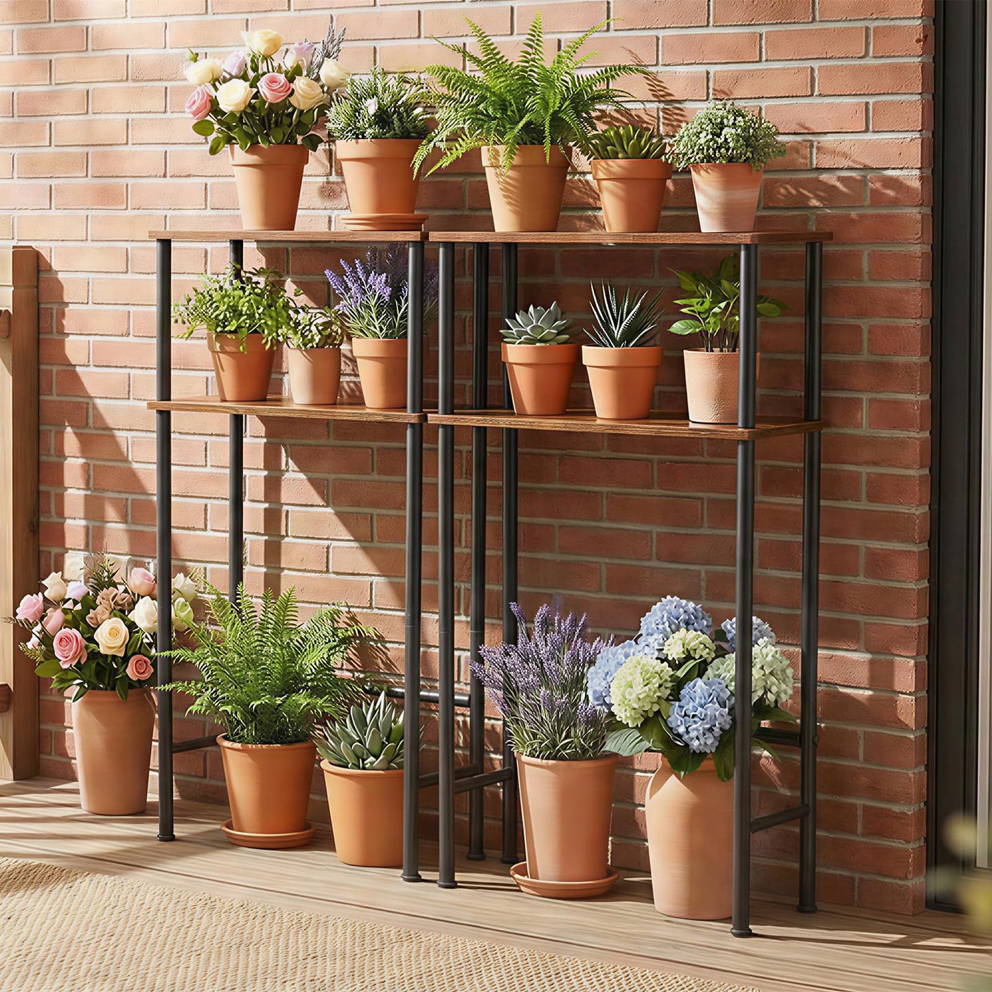 Outdoor setting with a metal shelving unit displaying potted plants against a brick wall.