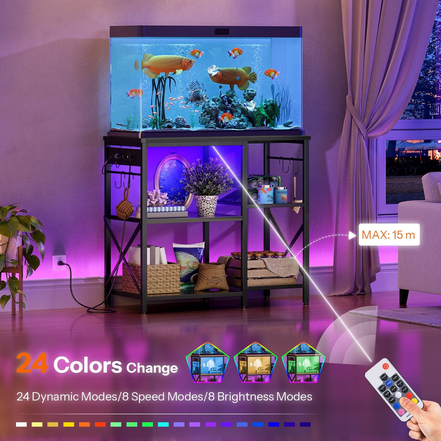 Fish tank with lighting effects in a room, showing color change and remote control.