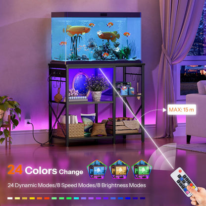 Fish tank with lighting effects in a room, showing color change and remote control.