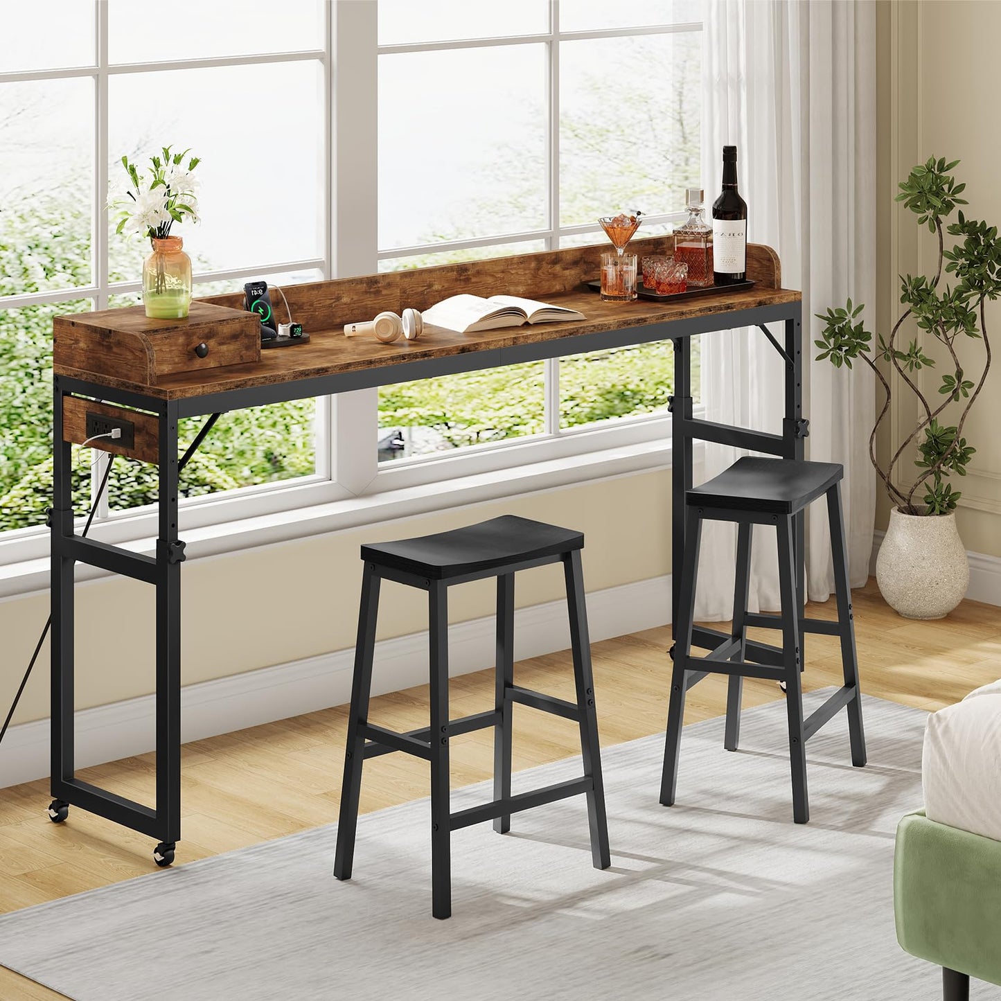 HOOBRO Height-Adjustable Bedside Table & Headboard Set with Wheels & Drawers & Charging Station