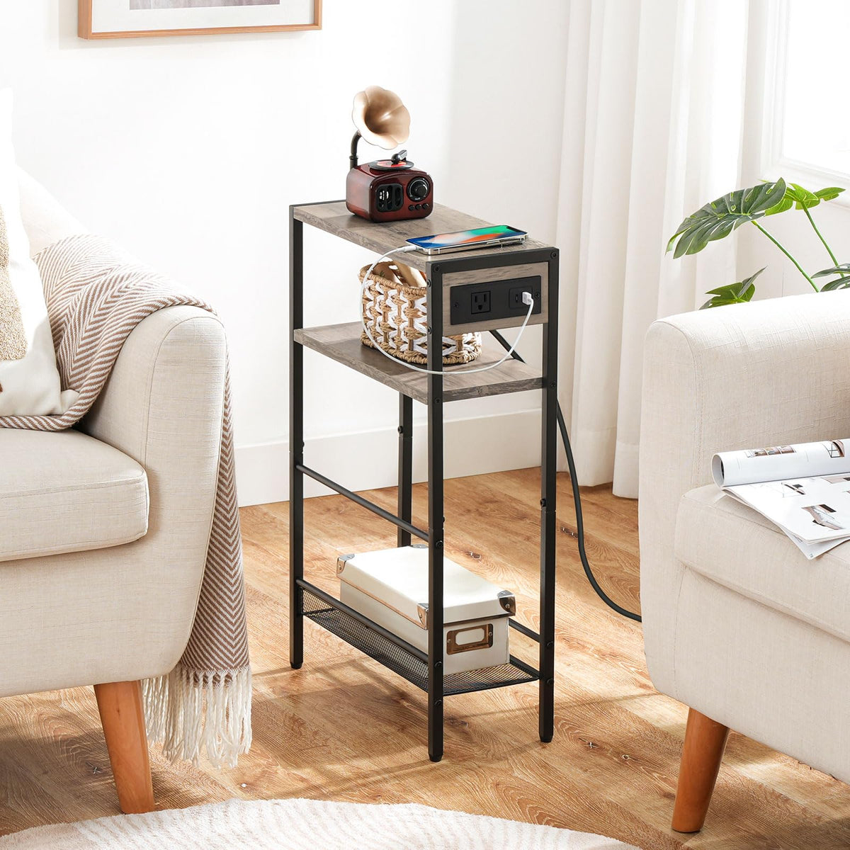 HOOBRO Small Narrow Side Table with Charging Station, Skinny End Table for Small Spaces, Slim Nightstand with USB Ports Outlet, Sofa Beside Table with Storage Shelf, Greige and Black BG102UBZ01