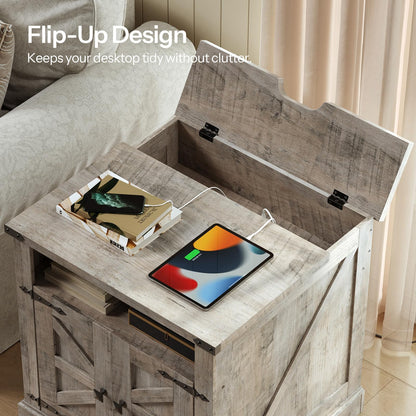 HOOBRO Greige 23.6-inch Large Wooden Square Farmhouse-Style Side Table with Charging Station