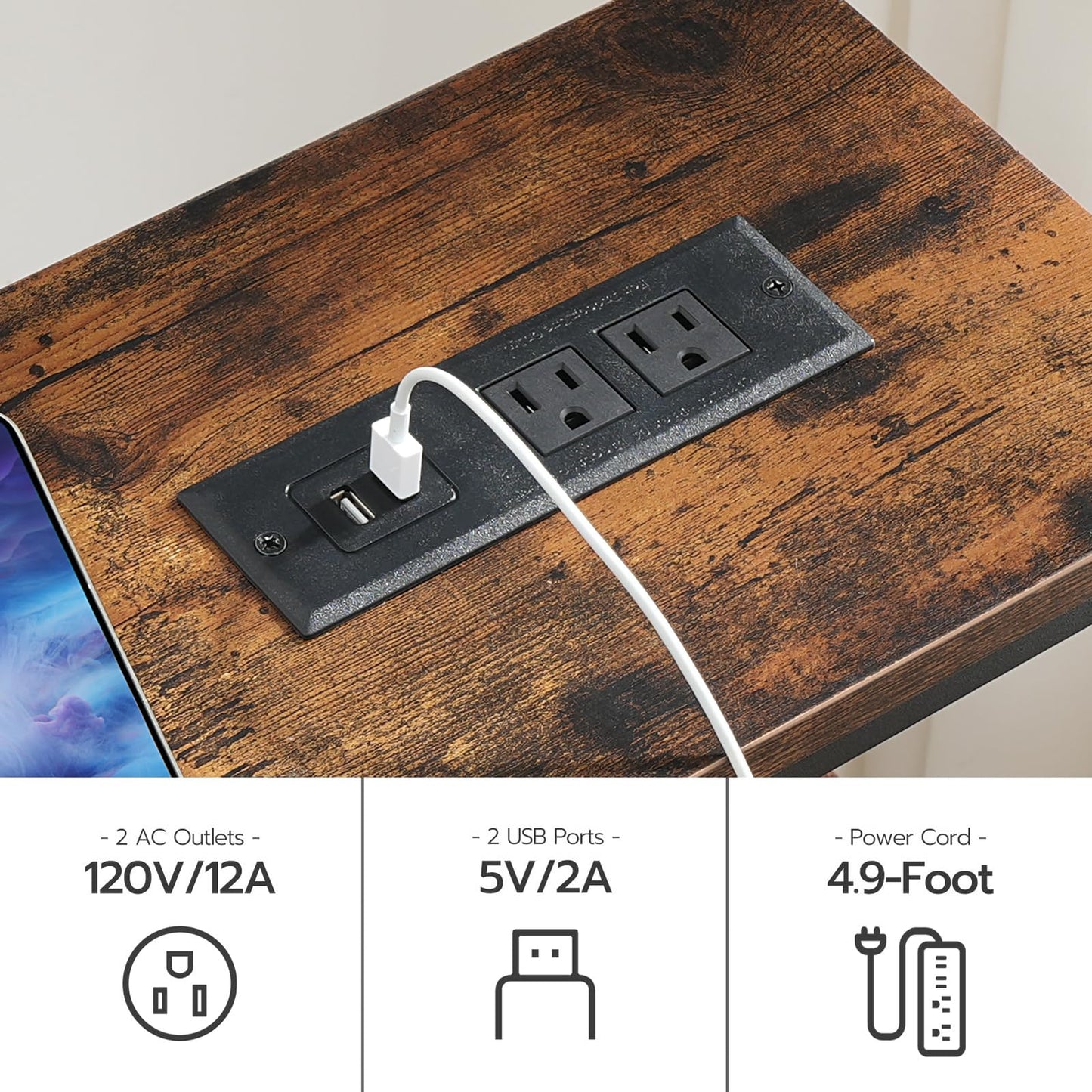 HOOBRO Retro Brown 63-inch Console Table with Power Outlet & Storage & Shelves