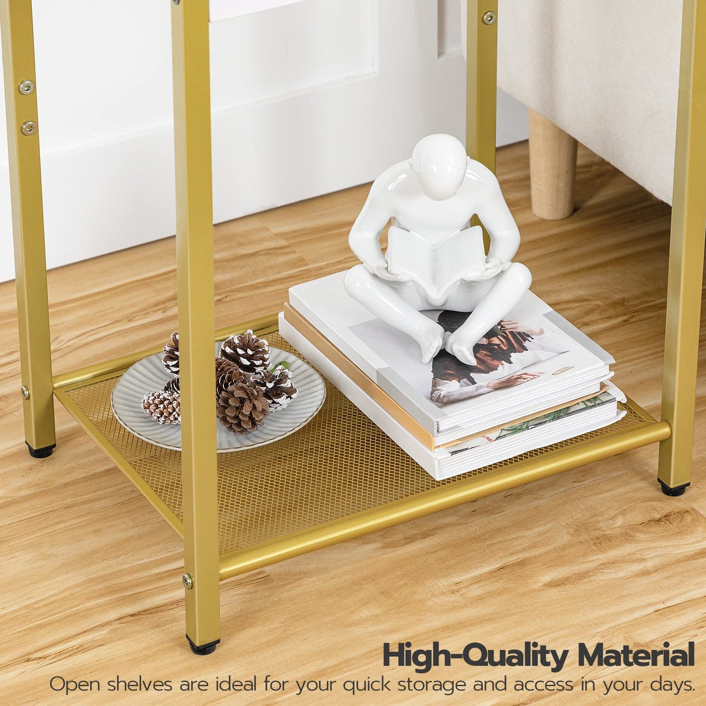 HOOBRO Gold Modern Metal Frame Tempered Glass Desktop Side Table with USB Port & Charging Station / 2PICS