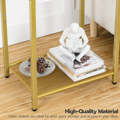 HOOBRO Gold Modern Metal Frame Tempered Glass Desktop Side Table with USB Port & Charging Station / 2PICS