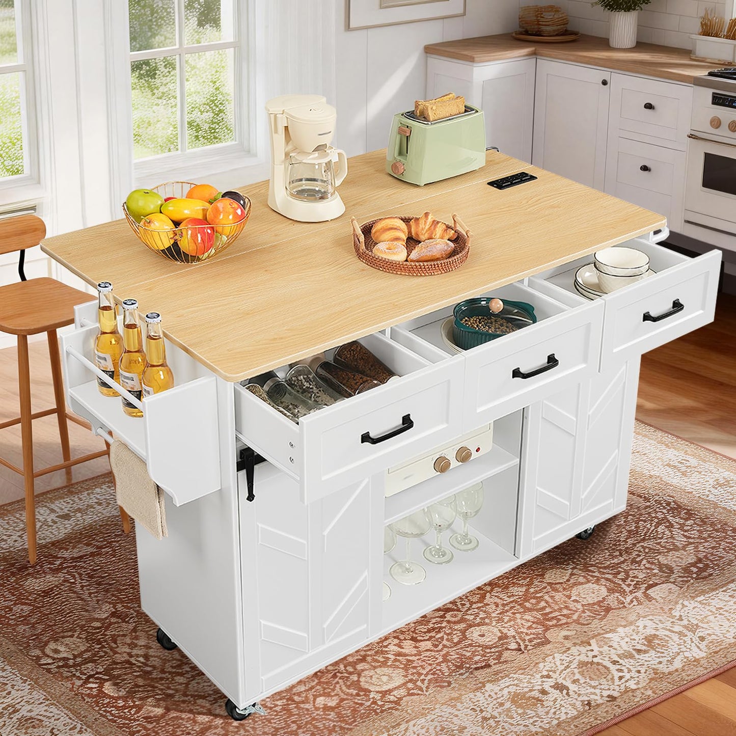 HOOBRO Rolling Kitchen Island with Power Outlet & Drawers
