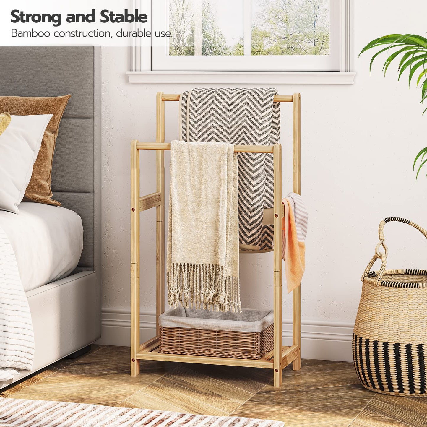 HOOBRO Double-Layer Freestanding Towel Rack with Storage Shelf