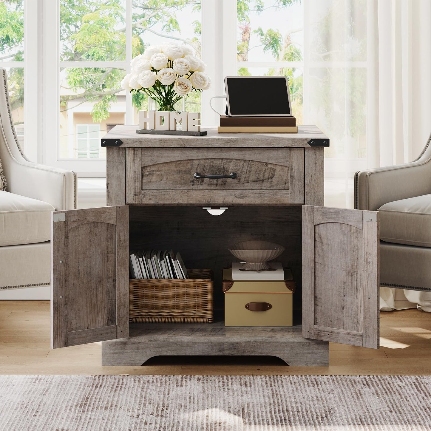 HOOBRO 23.6-inch Country Style Large Flip-Up Side Table with Charging Station & Drawers