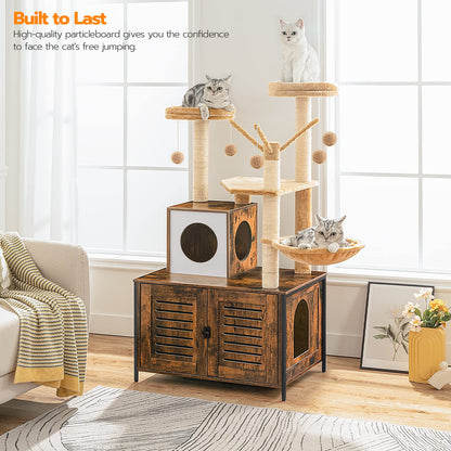 HOOBRO Wooden Cat Tree with Litter Box Enclosure