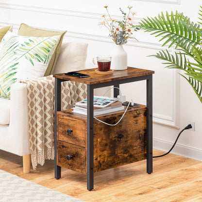 HOOBRO End Table with Charging Station, Narrow Side Table with 2 Drawer & USB Ports & Power Outlets, Nightstand for Small Spaces, for Living Room, Bedroom, Rustic Brown and Black BF541BZ01