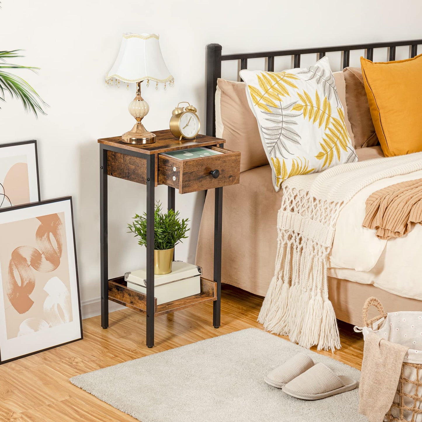 HOOBRO Retro Brown Industrial Style High Side Table with Drawers & Storage Shelves