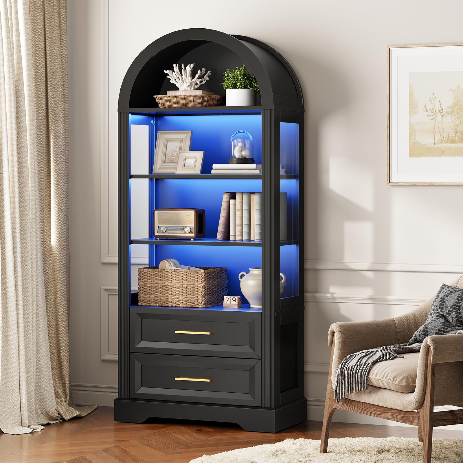 Black arched bookshelf with blue LED lighting in a living room setting.