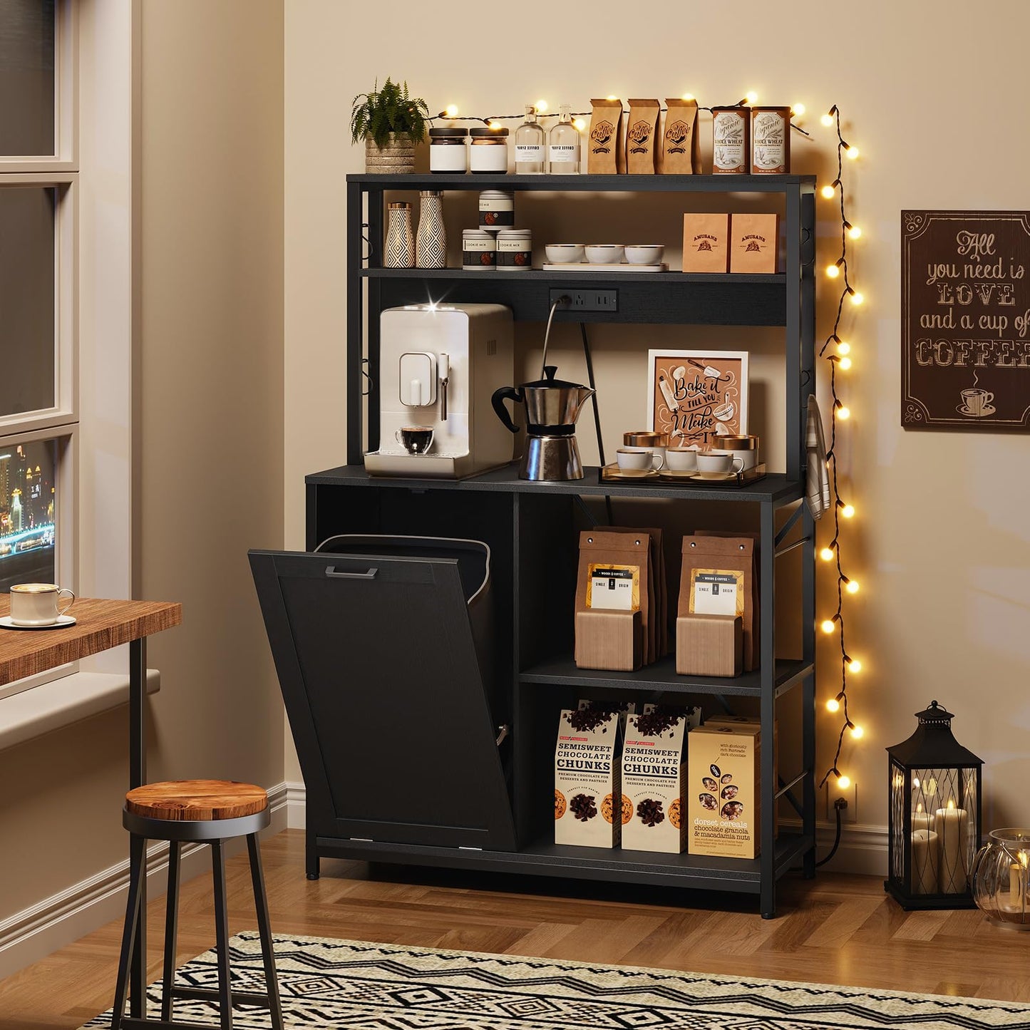 Coffee station with shelves displaying coffee equipment and supplies in a cozy room.