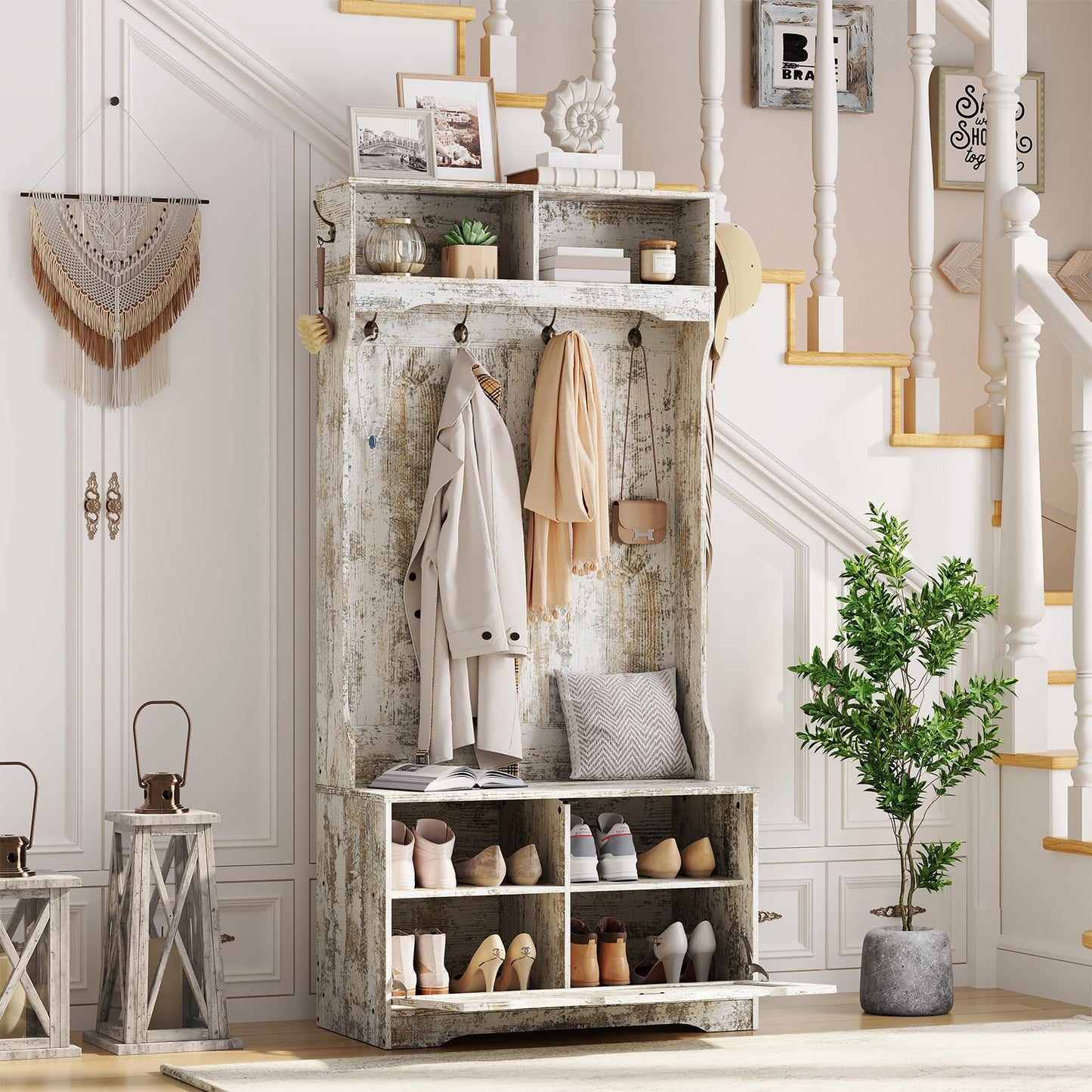 HOOBRO Vintage White Bench with Flip-Top Shoe Cabinet & Coat Rack for Entryways