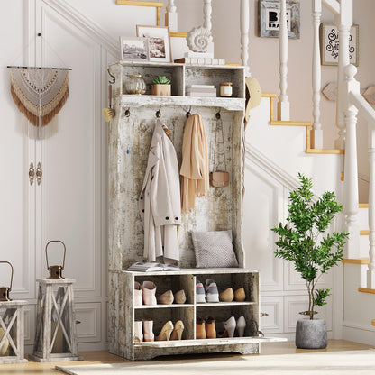 HOOBRO Vintage White Bench with Flip-Top Shoe Cabinet & Coat Rack for Entryways
