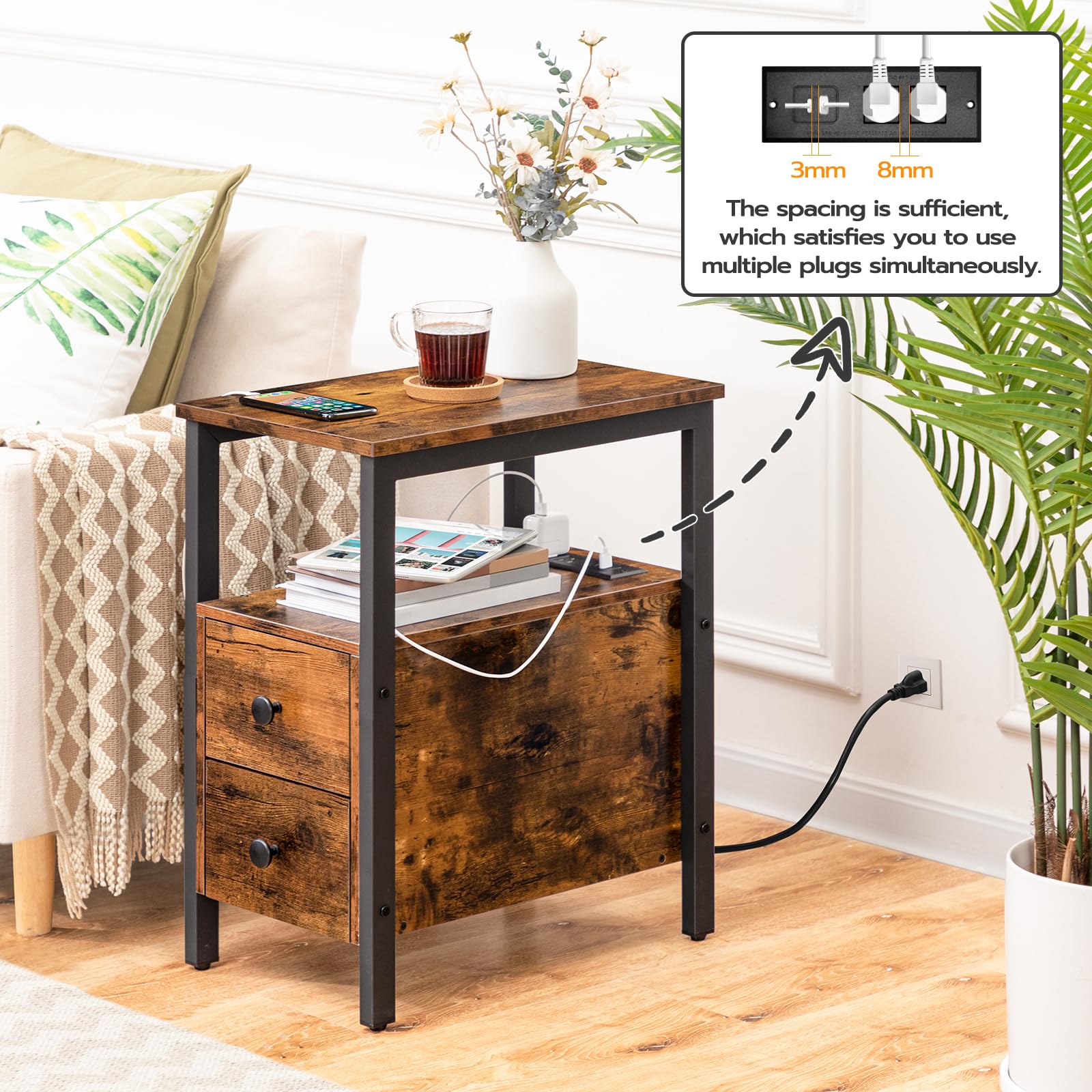 Wooden side table with power outlet and cable management in a living room setting