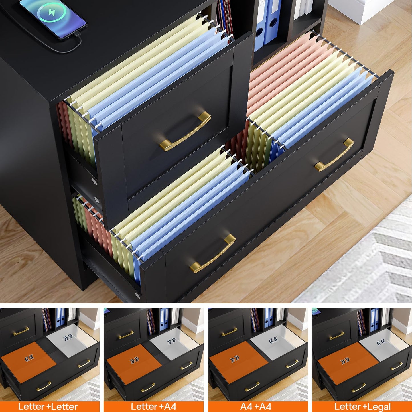 HOOBRO 2 Drawer File Cabinet with Charging Station & LED Lights