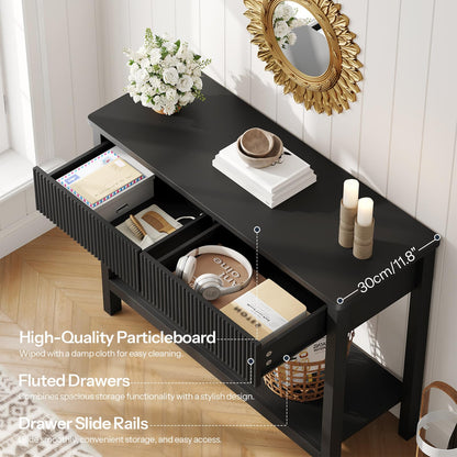 HOOBRO 39.4-inch Black Double-Layer Roughside Table with 2 Drawers & Storage Shelf