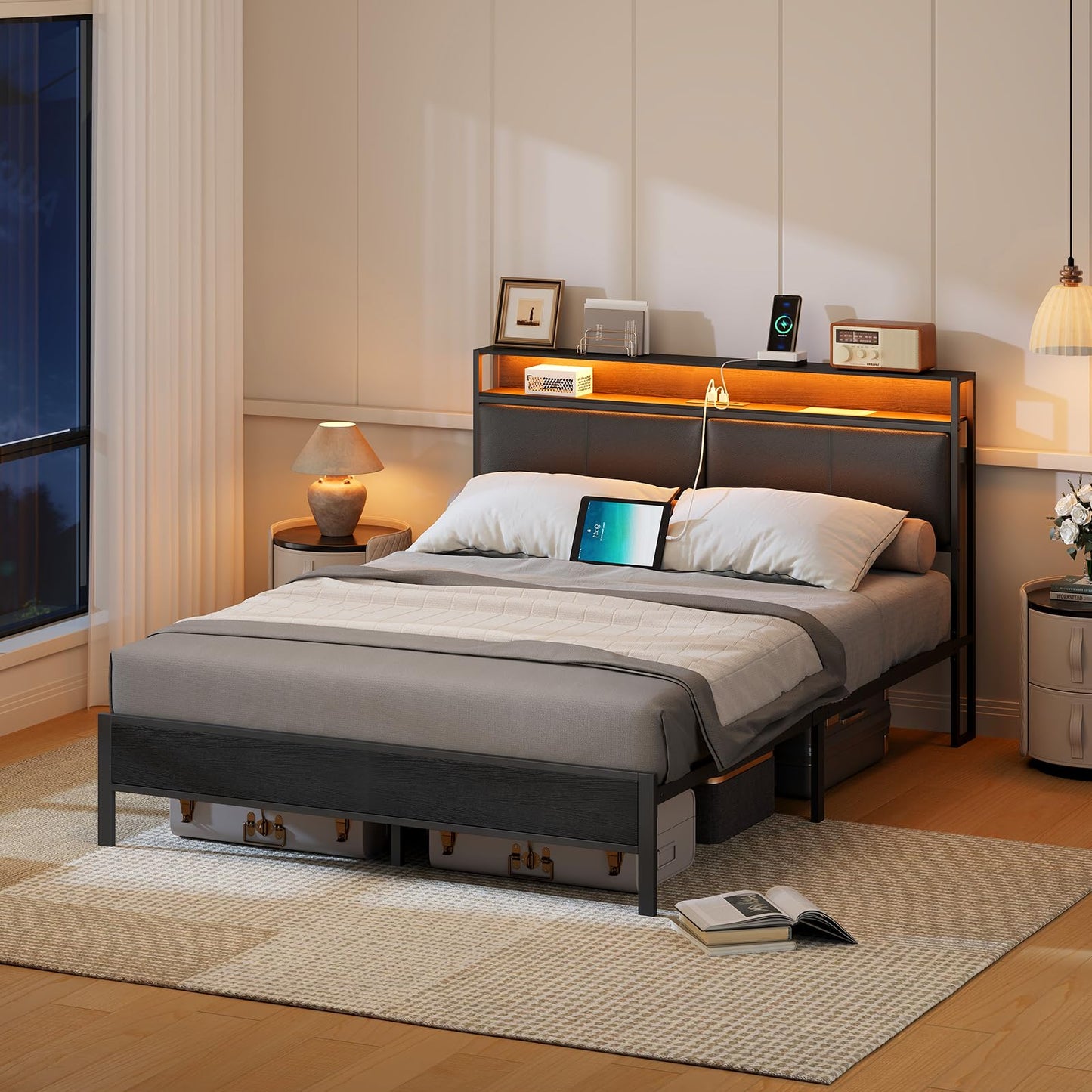 HOOBRO Full Metal Bed Frame with LED Lights & Charging Station