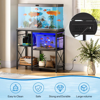 Fish tank with stand in a room setting, showing power outlet and cable.